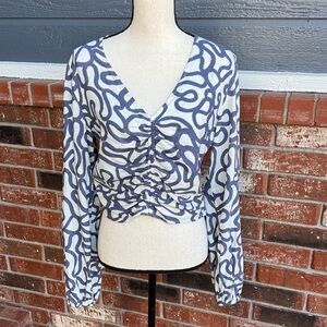 Everly Abstract Marble Linen Blend Crop Top Boho Coastal Blue Women's Medium